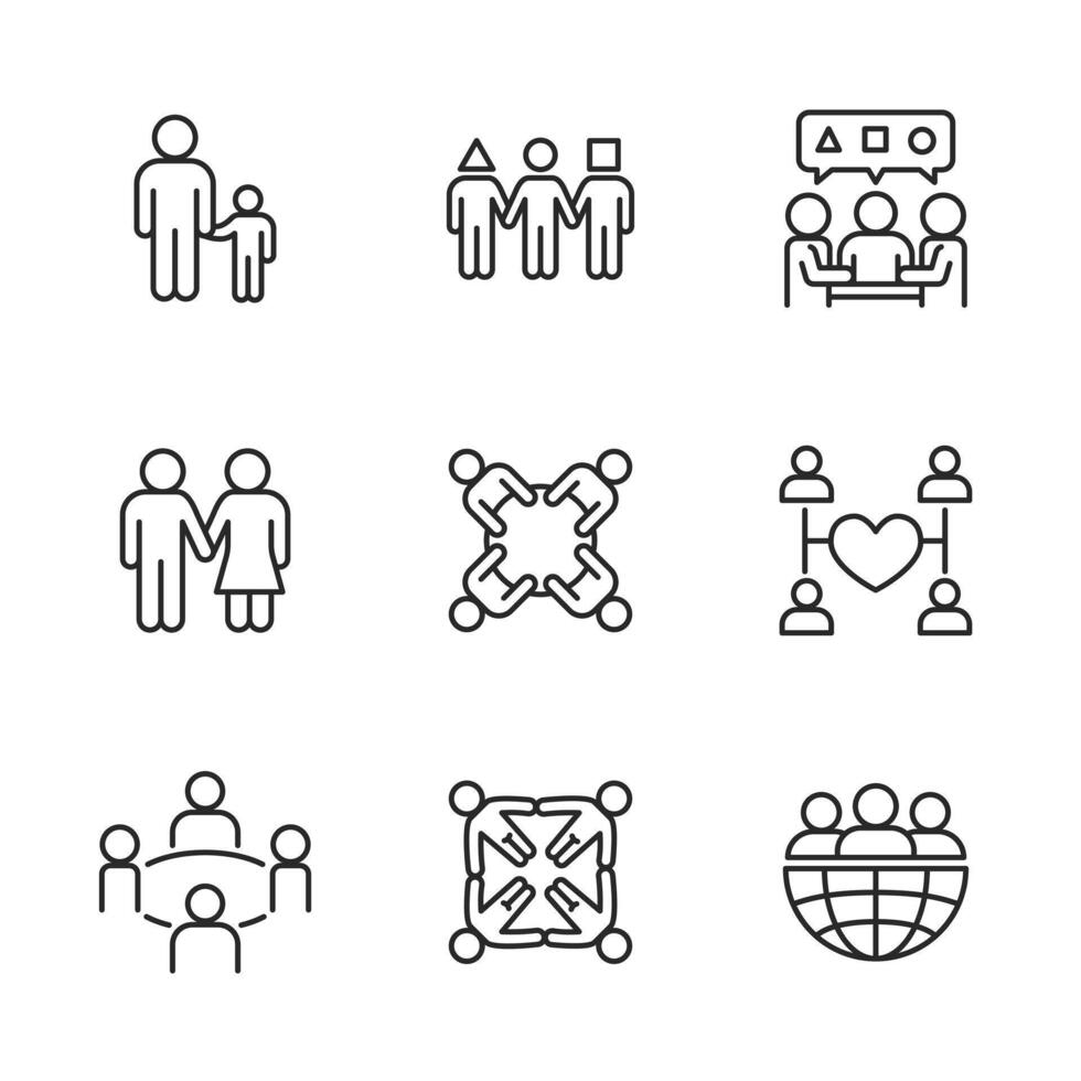 Set of diversity and inclusion line icons showing unity, equality, teamwork, and community. vector