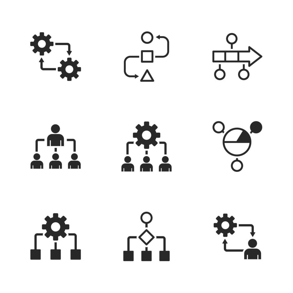 Business flow chart icon set showing workflow, process automation, data analysis, and team management strategy vector