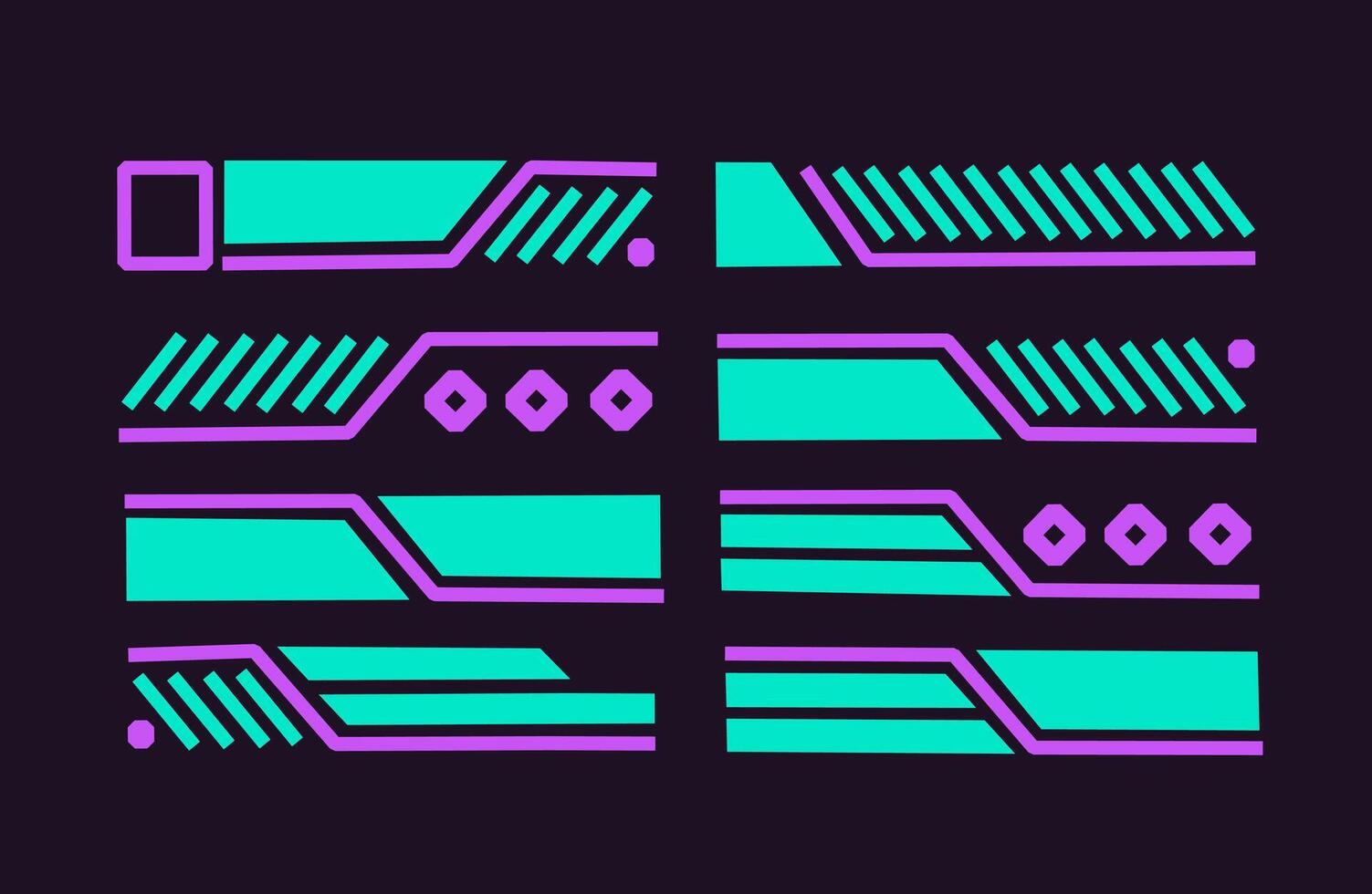 Futuristic cyberpunk panel elements in neon purple and green with geometric strip layout designed as sci fi digital interface for gaming, hud, and modern technology templates. vector