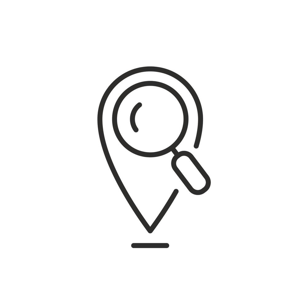 location search icon, map searching, magnifying glass with locator, thin line symbol on white background vector