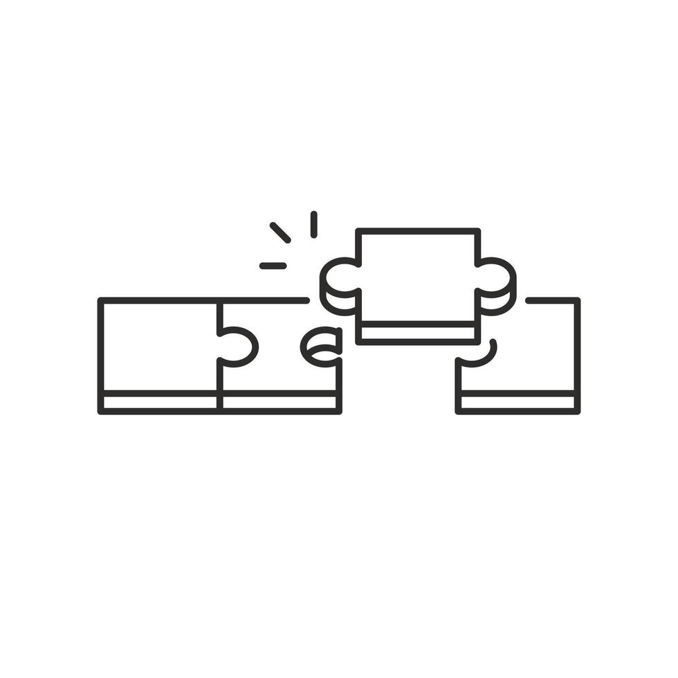 isometric puzzle icon, jigsaw solution idea, teamwork elements, thin line symbol on white background vector