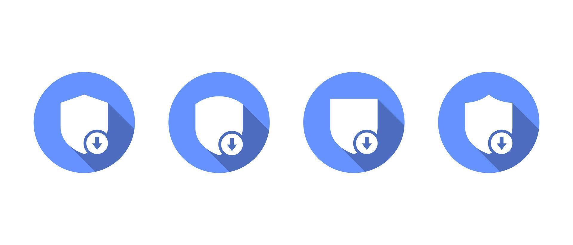 Security outdated and downgrade protection icon set with long shadow. Shield with downward arrow symbol vector