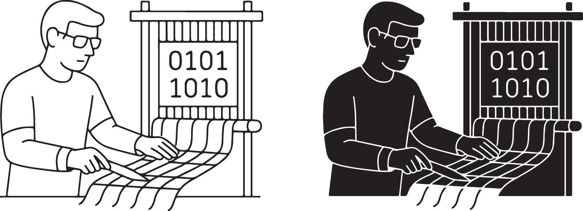 un hombre es trabajando en un computadora y un máquina vector