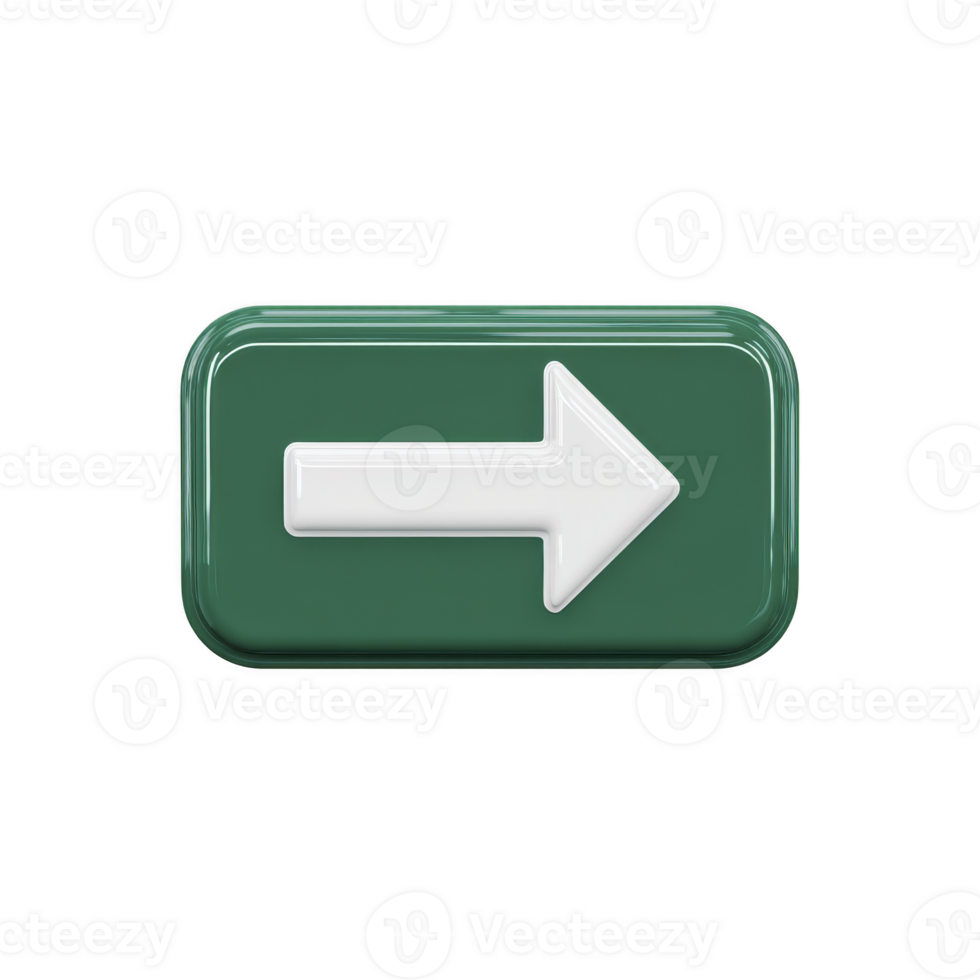 verde rectangular botón con blanco flecha señalando a bien, simbolizando dirección o navegación. lustroso terminar agrega moderno tocar, haciendo eso adecuado para digital interfaces png