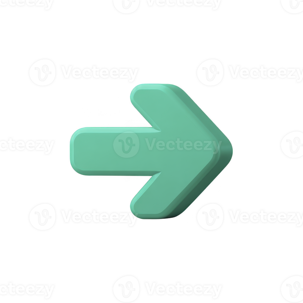 3D green arrow pointing to right, isolated on transparency background, symbolizing direction or movement. arrow has smooth, glossy finish, giving it modern look png