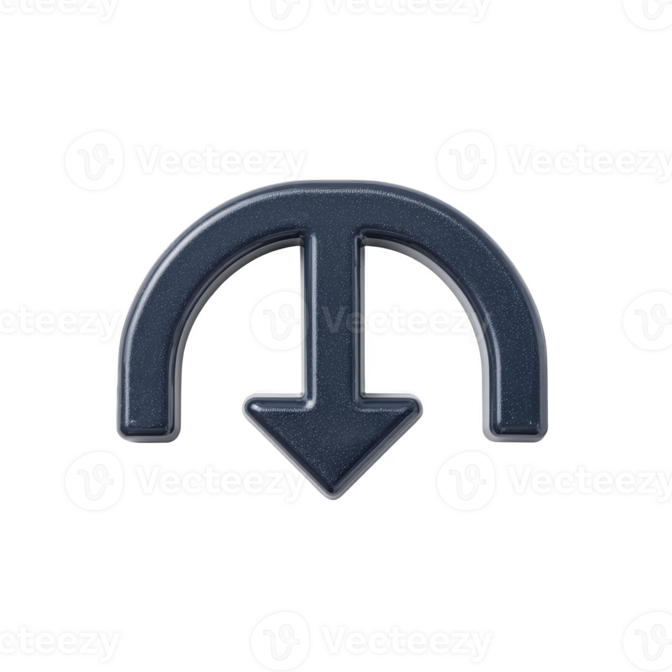 This features 3D black U turn arrow symbol, representing direction change or navigation. arrow is bold and glossy, set against transparent background.3D black U turn arrow symbol, representing png