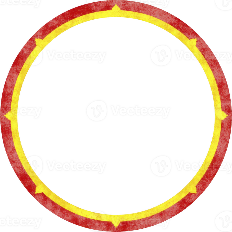 Circular frame with vintage design features red outer border and yellow inner border, creating classic and elegant look. frame is empty, allowing for customization png