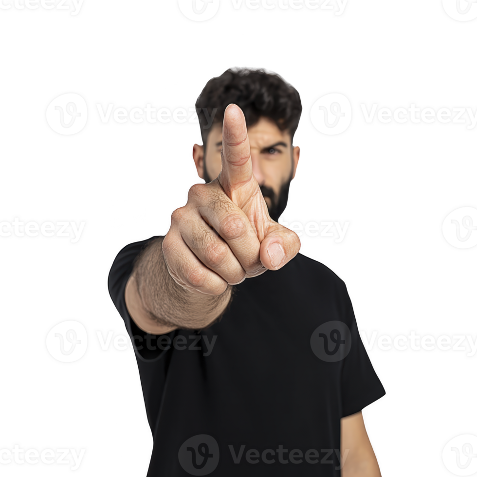 Man in black t shirt points directly at camera with serious expression, emphasizing gesture of focus or accusation. background is transparent, highlighting subject png