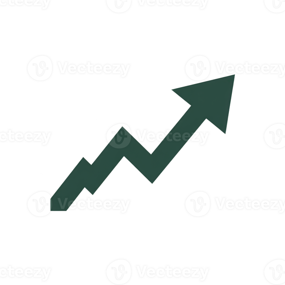 Green zigzag arrow pointing upwards symbolizes growth, progress, or increase in value. This icon is often used in financial contexts to represent positive trends or upward movement in data png