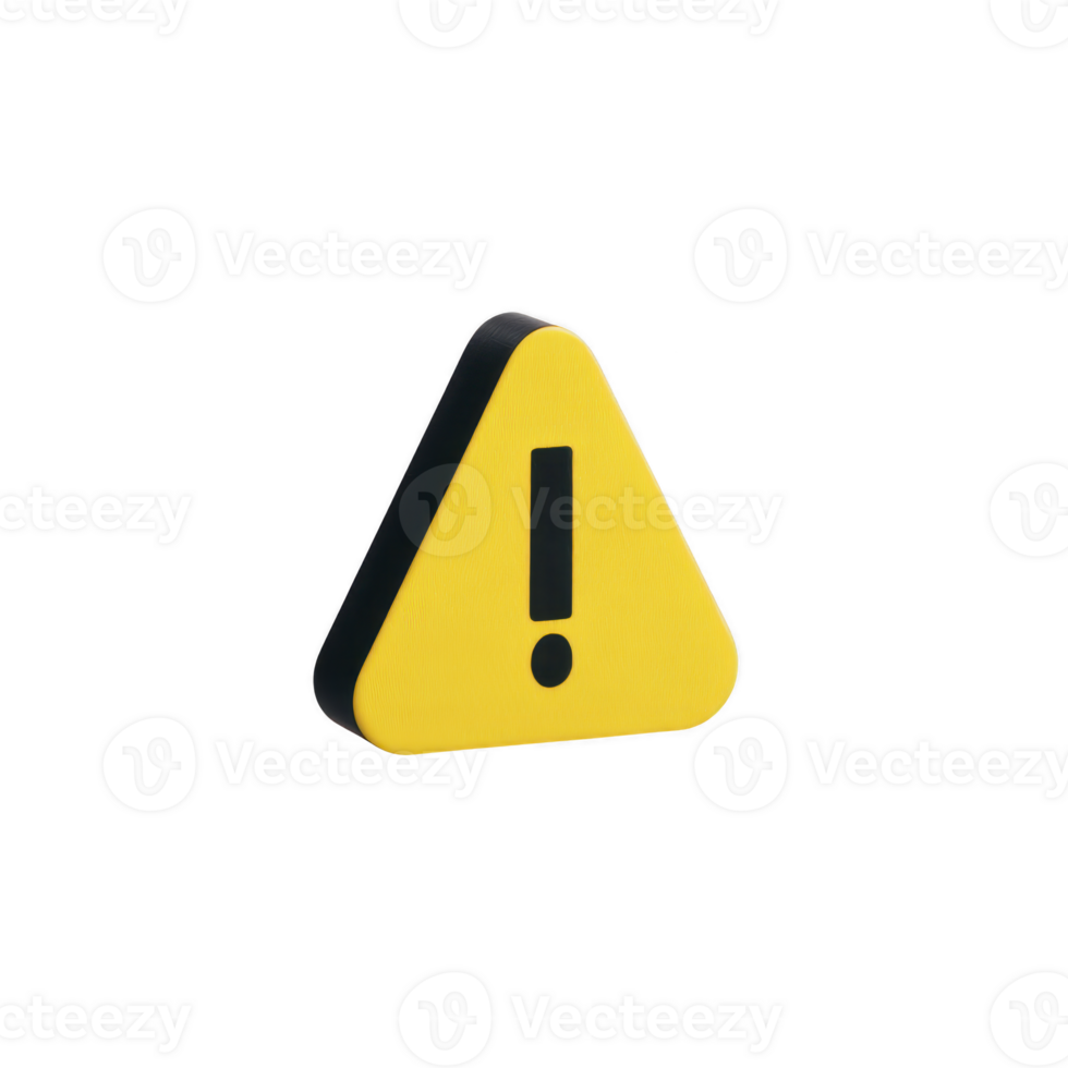 3D yellow warning sign with exclamation mark, symbolizing caution or alert. triangular shape and bold design make it easily recognizable for safety messages png