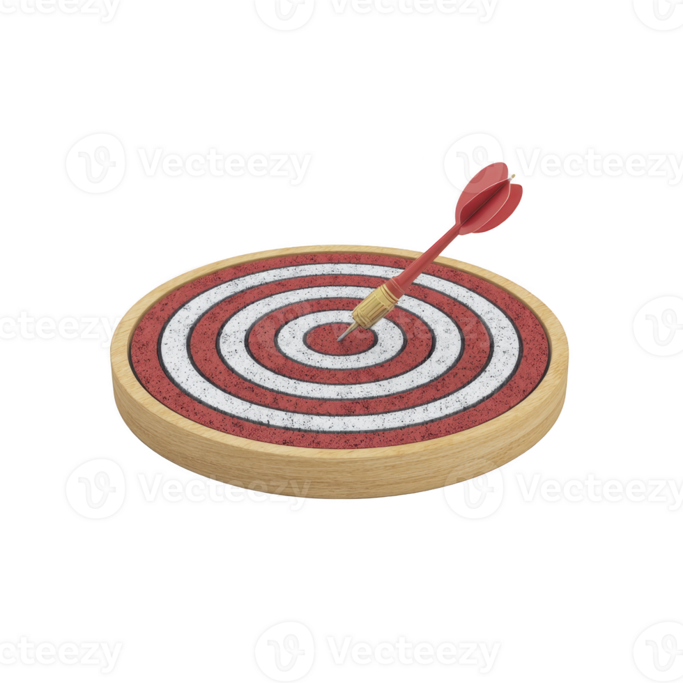 Red dart is perfectly hitting bullseye on circular dartboard with wooden frame, symbolizing precision and success. board features concentric red and white circles png