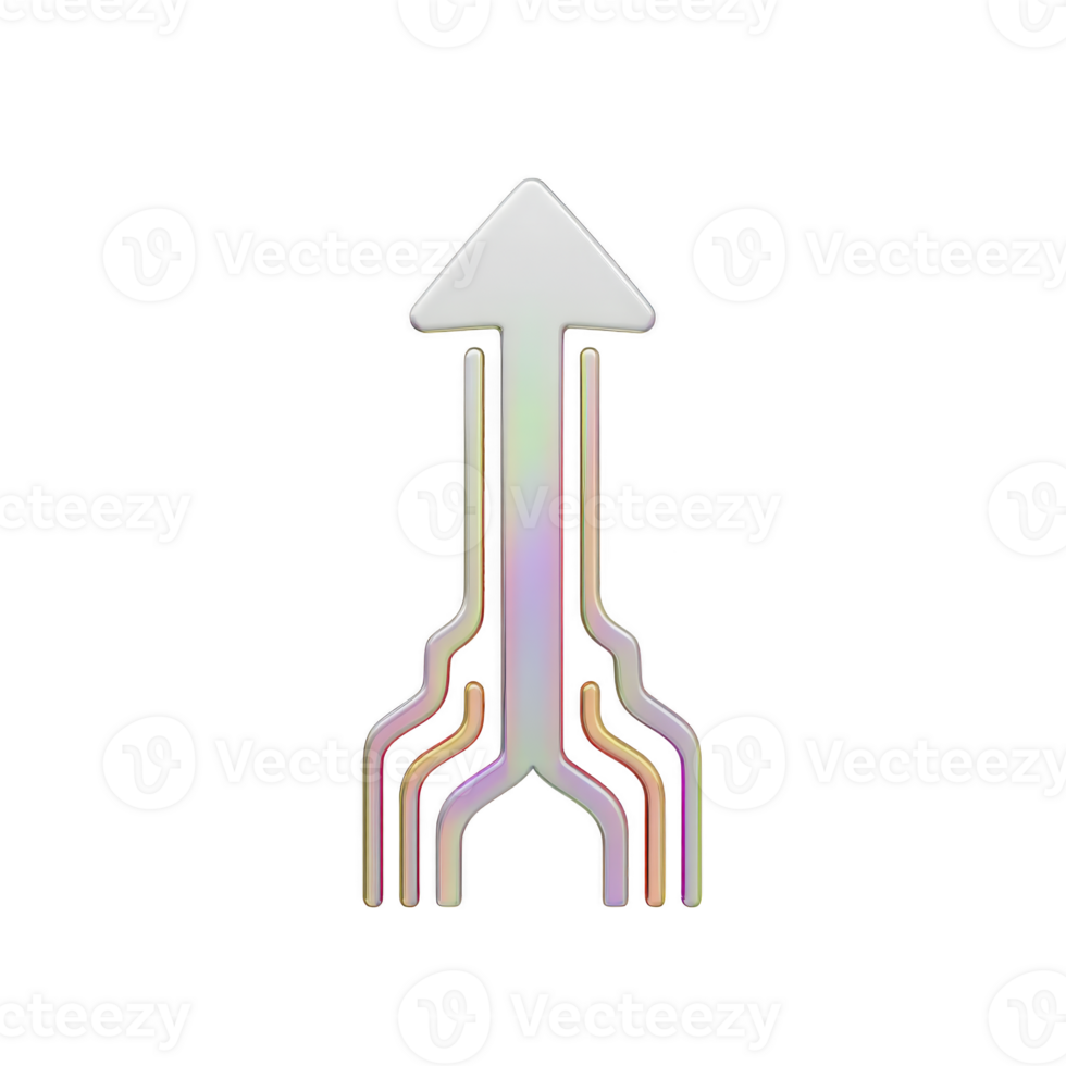 Metallic arrow with futuristic design and iridescent colors points upward, symbolizing progress and direction. sleek lines and gradient hues create modern and dynamic look png