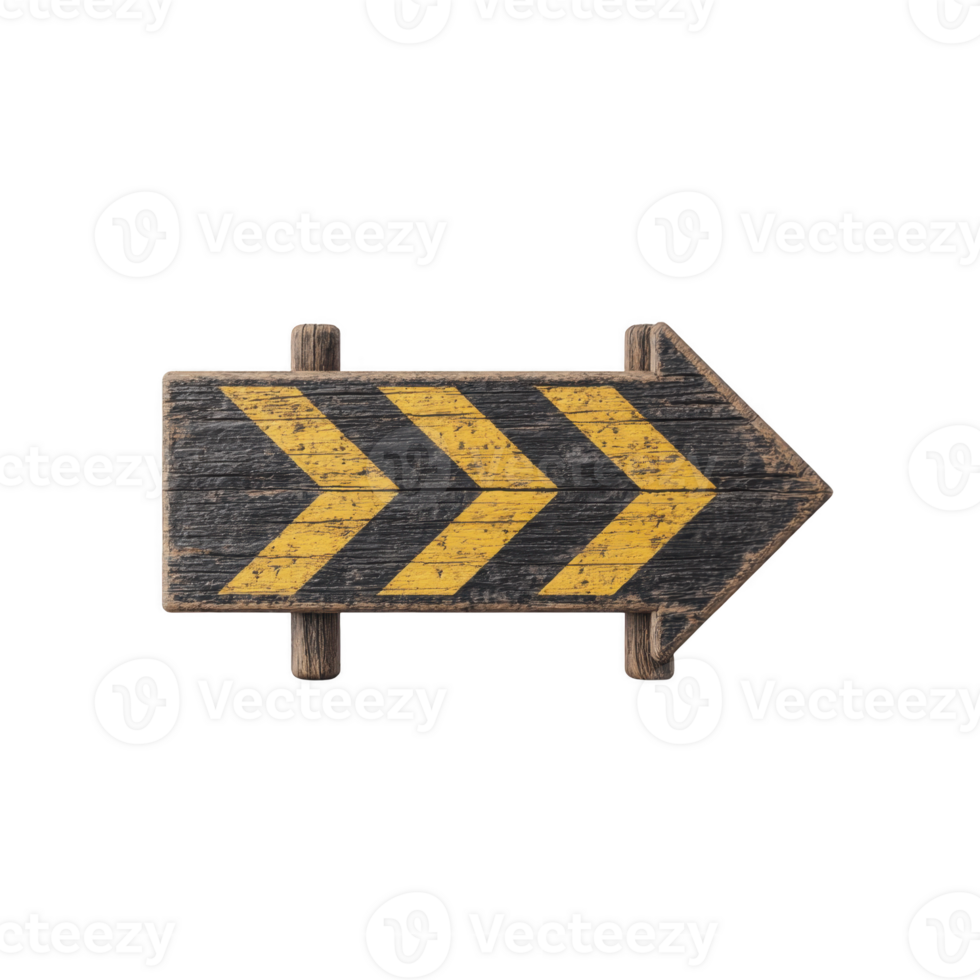Rustic wooden arrow sign with yellow chevron patterns pointing right, conveying vintage and directional feel. weathered texture adds character and charm to design png