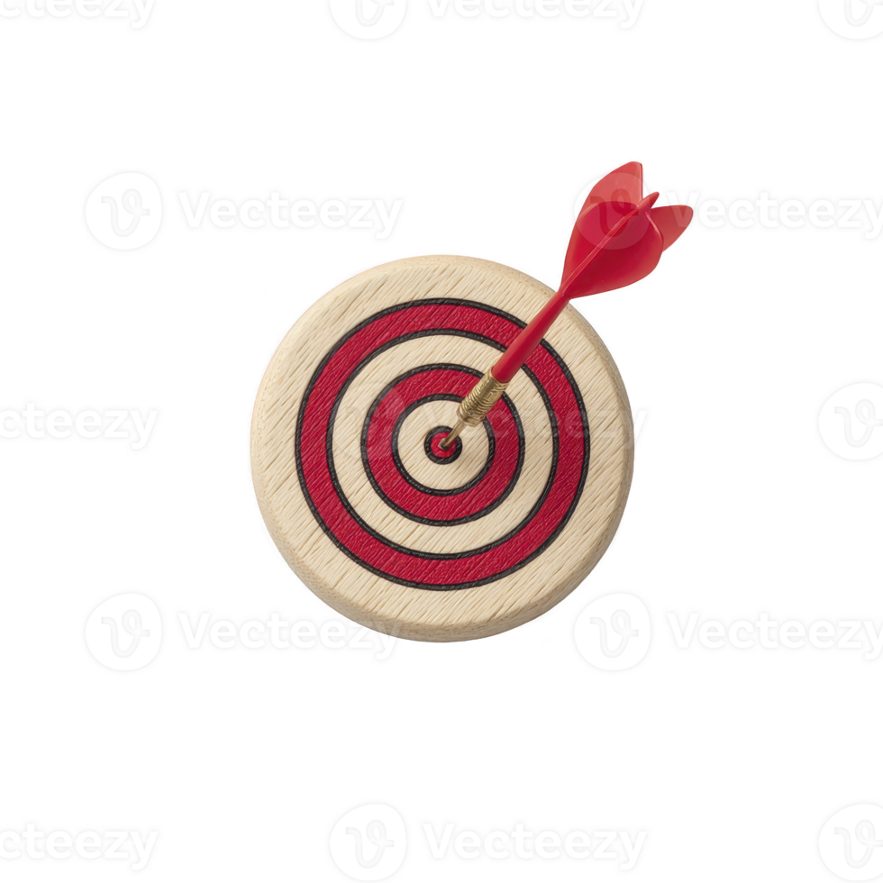 Dart hits bullseye on wooden target with red concentric circles, symbolizing precision and success. red dart is perfectly centered, highlighting accuracy png