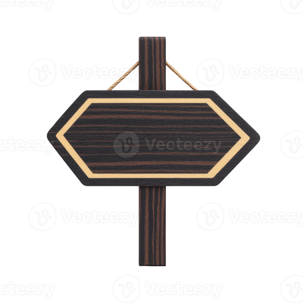 Wooden hexagonal sign with dark finish and light border hangs from post, offering rustic and elegant appearance. sign is blank, ready for customization png