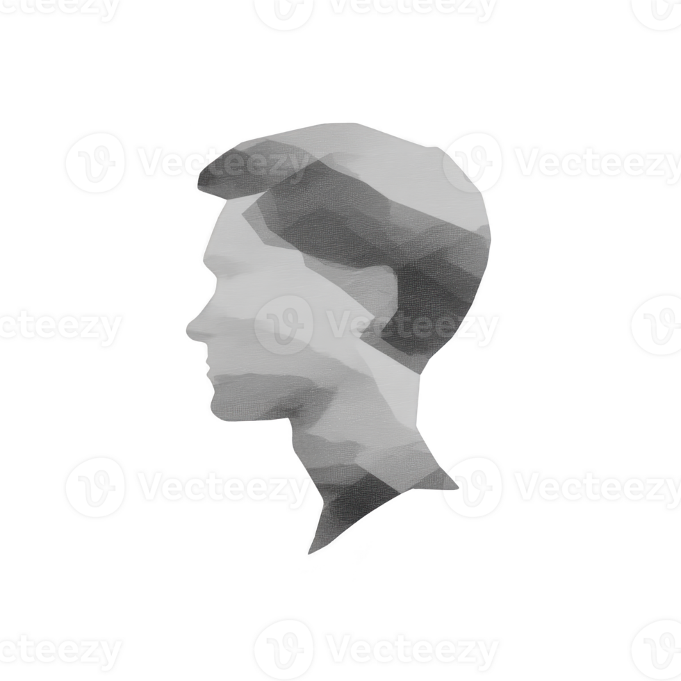 Grayscale geometric silhouette of person head in profile view, featuring angular shapes and minimalist design. abstract style creates modern and artistic impression png