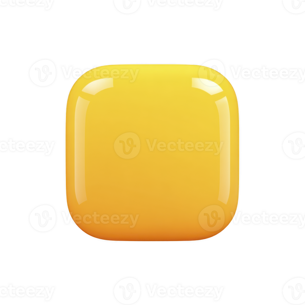 Glossy yellow square icon with rounded corners, reflecting light and appearing three dimensional, set against plain background. vibrant color and smooth surface give it modern, digital feel png