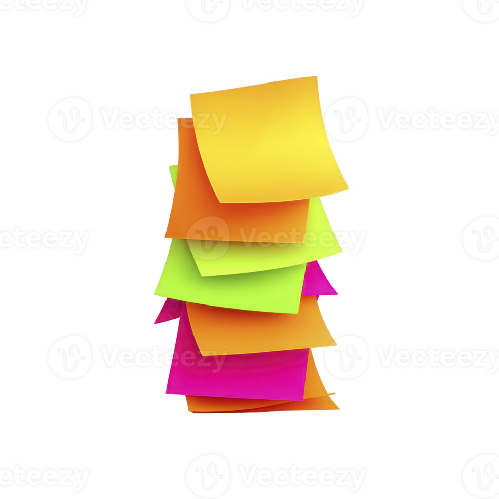 Stack of colorful sticky notes in vibrant shades of yellow, green, pink, and orange is arranged in playful manner. sticky notes are slightly curled, adding dynamic feel png