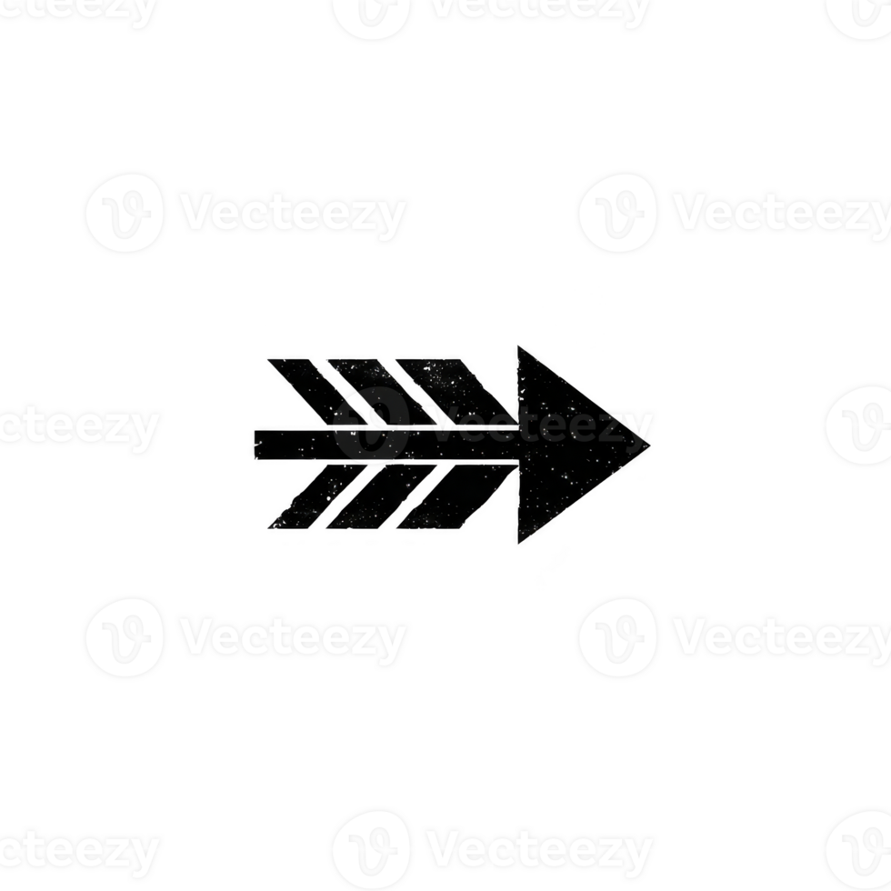 Black arrow icon with simple, bold design pointing to right, featuring triangular head and three feather like shapes at tail png