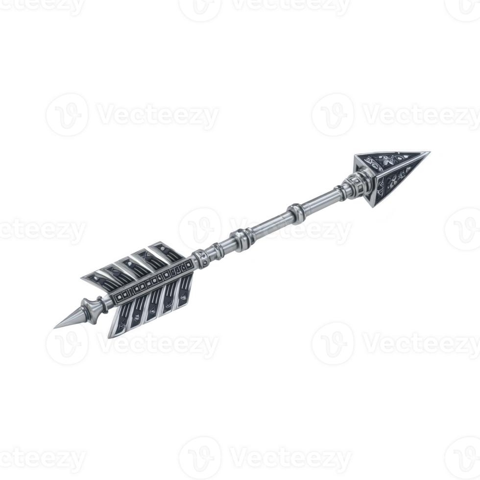 Detailed silver arrow with intricate designs, featuring sharp triangular tip and decorative fletching, is displayed against plain background. craftsmanship suggests blend of elegance png