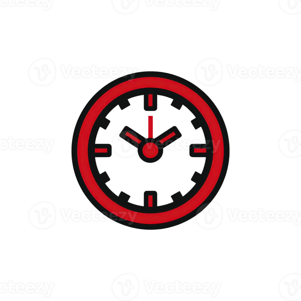 Red and black clock icon with simple design, featuring hour, minute, and second hands, set against transparent background. clock face is circular with minimalistic markings png