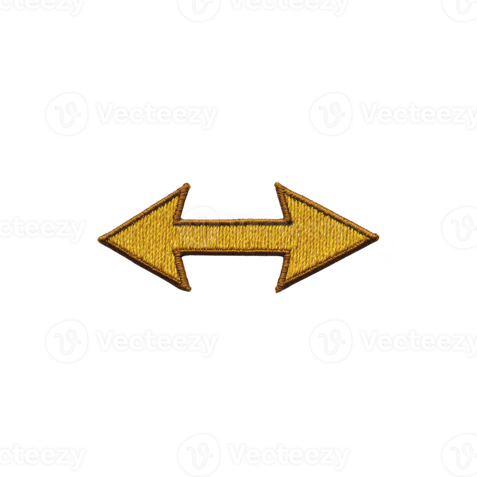 Yellow embroidered patch in shape of double headed arrow on transparency background, symbolizing direction and choice. design is simple and bold, with textured fabric appearance png