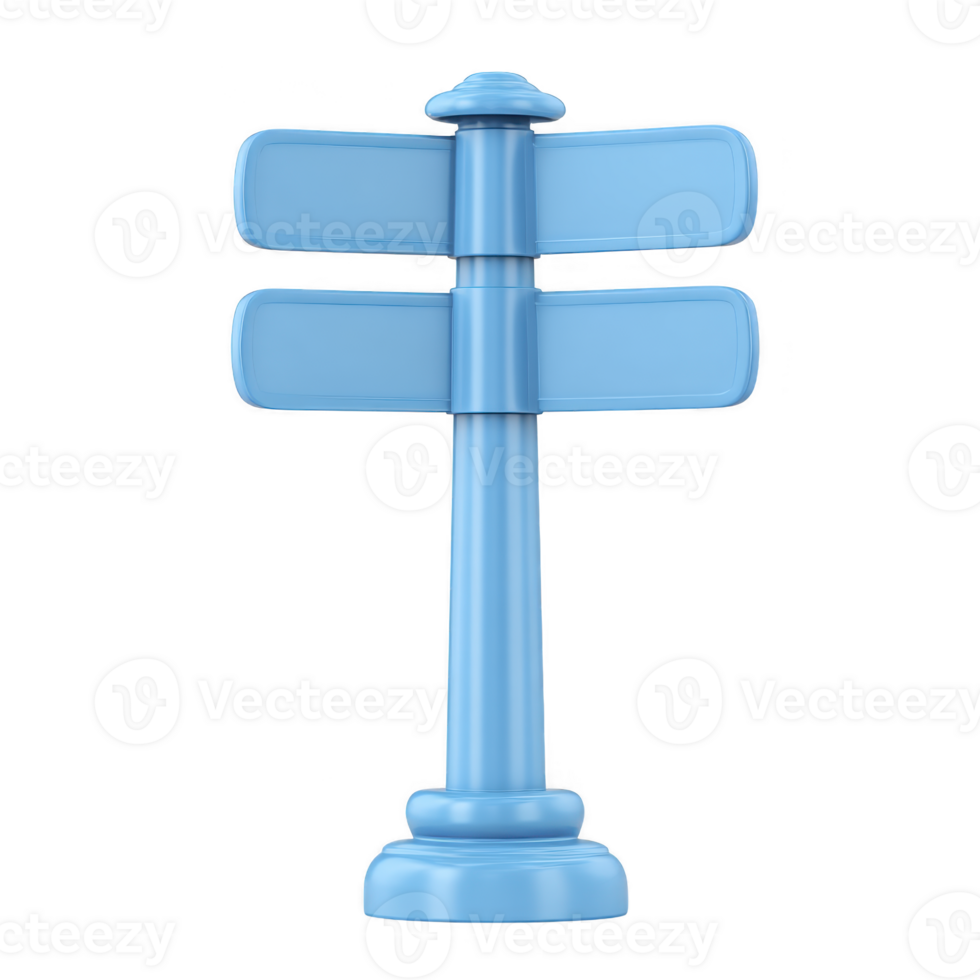 Blue, minimalist signpost with two blank directional signs stands on simple base, isolated on transparency background. design is modern and clean, suitable for various graphic uses png