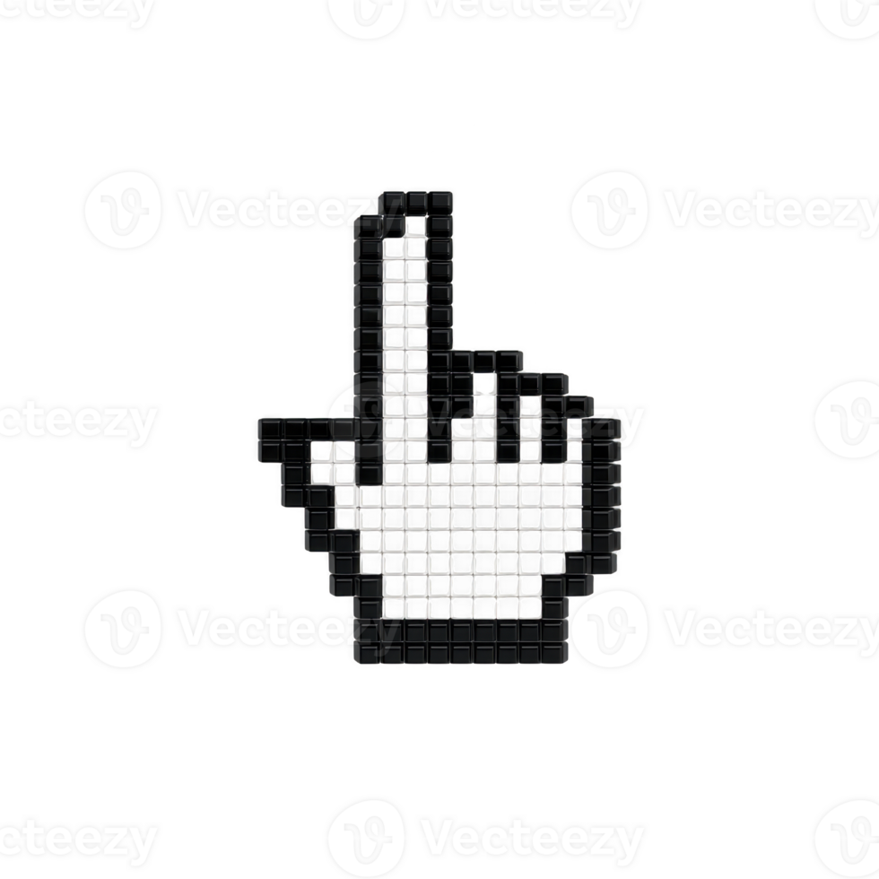 Pixelated hand cursor icon with raised index finger, resembling computer pointer, is depicted in black and white grid style, conveying digital or retro aesthetic png
