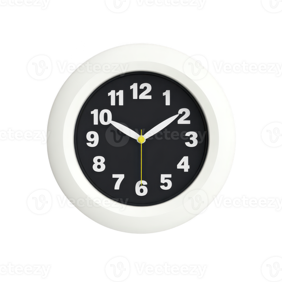 Round wall clock with white frame and black face displays time with white numbers and hands, featuring yellow second hand. clock is set against plain background png