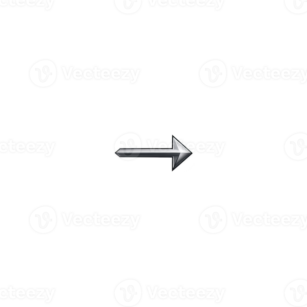 Sleek, metallic right pointing arrow with reflective surface on transparent background, ideal for navigation or directional purposes png