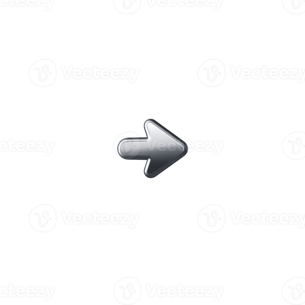 Sleek, metallic right pointing arrow icon with glossy finish, ideal for digital interfaces and navigation purposes. arrow modern design adds touch of elegance to any application png