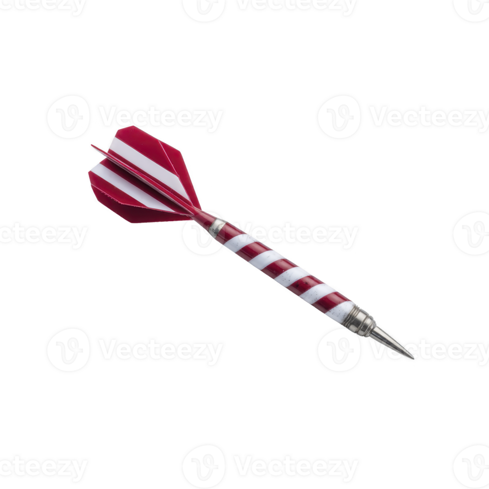 Red and white striped dart with metallic tip and red flights, isolated on transparency background. dart is designed for precision and accuracy in dart games png