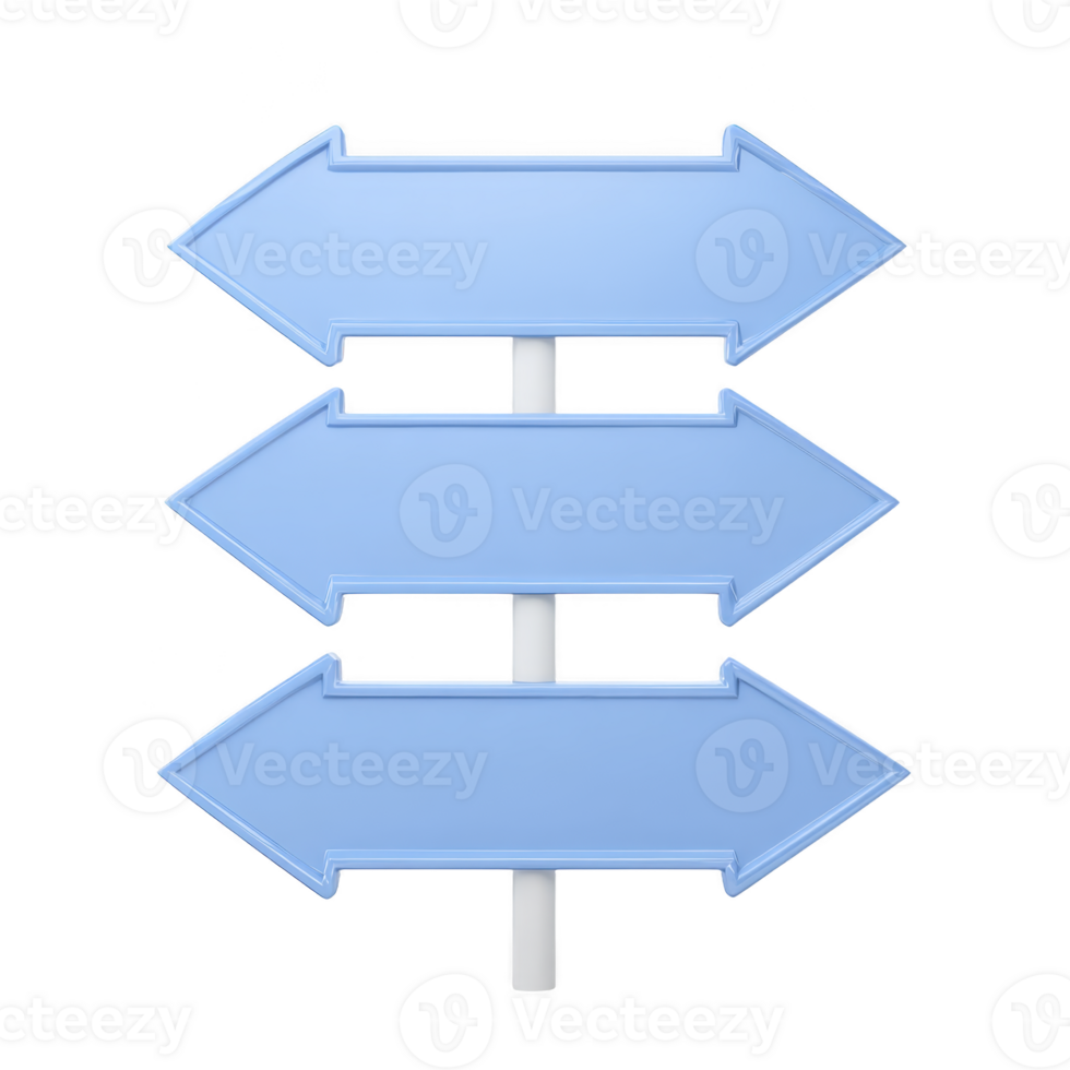 Three blue directional arrows on signpost, pointing left, symbolize choices and navigation. arrows are stacked vertically, each with white border, against plain background png