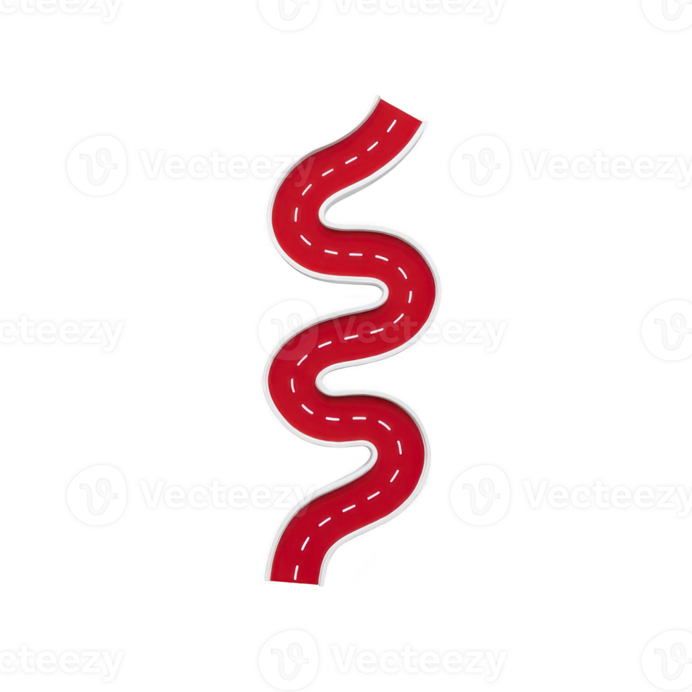 Red, winding road illustration with white dashed lines on transparency background, resembling curvy path or track. design is simple and bold, emphasizing road twists and turns png