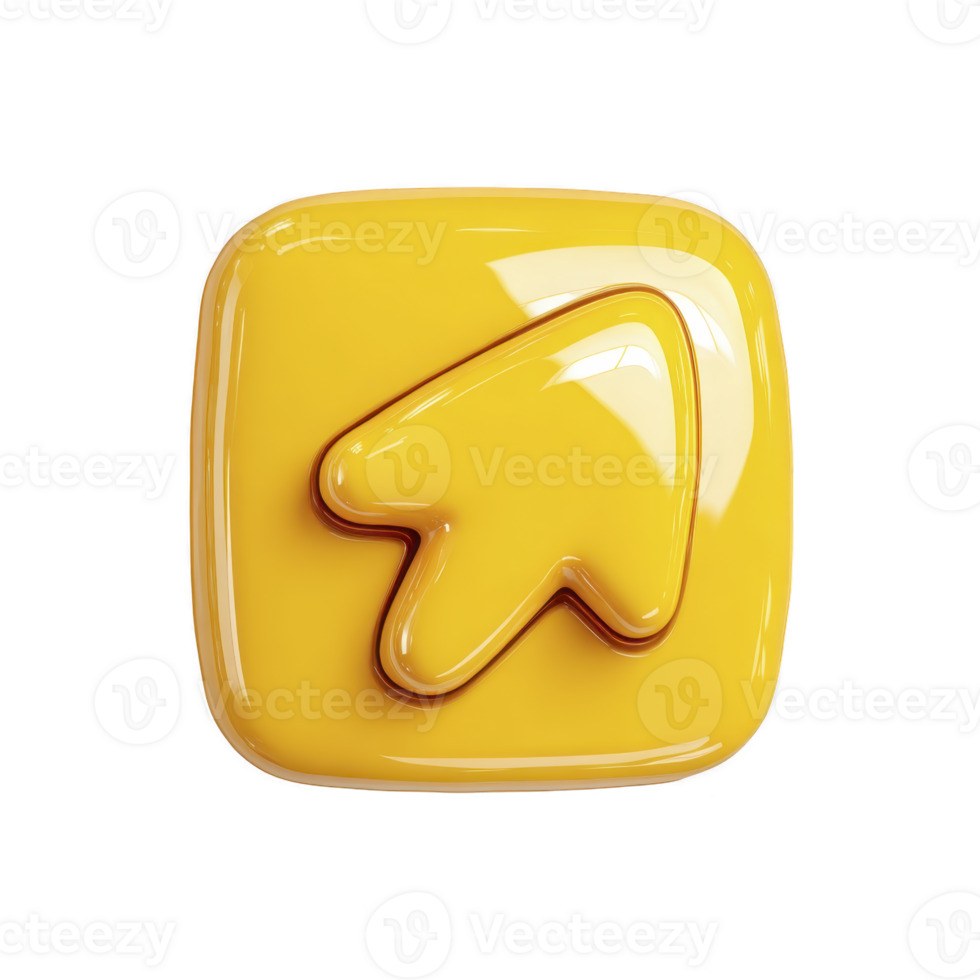 Glossy yellow 3D cursor icon with shiny finish, resembling computer pointer, is displayed on square background. design is modern and vibrant, ideal for digital interfaces png