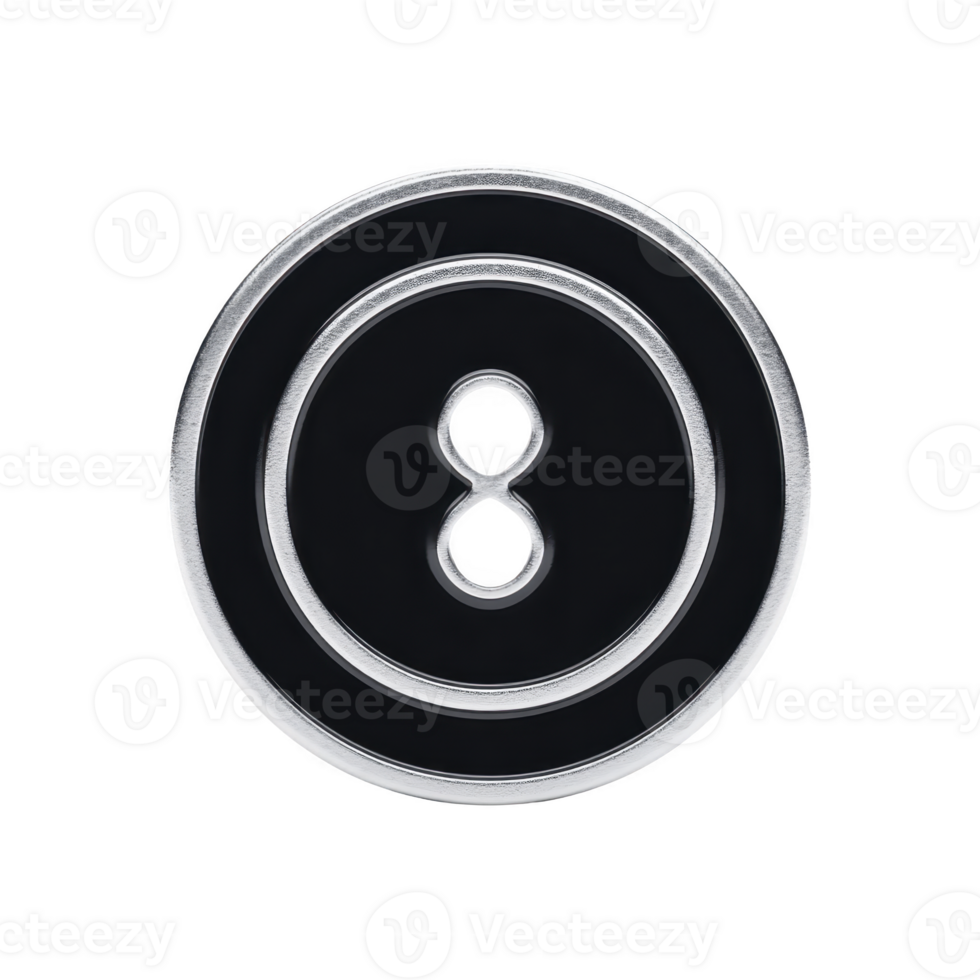 Black and silver button with embossed number eight in center, featuring circular design and metallic finish. button is isolated on transparency background png