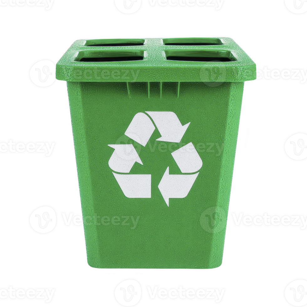 Green recycling bin with white recycling symbol on front, designed for sorting recyclable materials. bin has square shape and multiple compartments for efficient waste separation png
