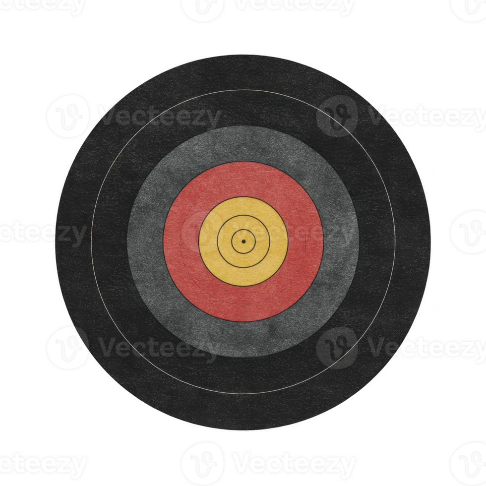 Textured archery target with concentric circles in black, gray, red, and yellow, used for aiming practice. design is simple and effective for training png