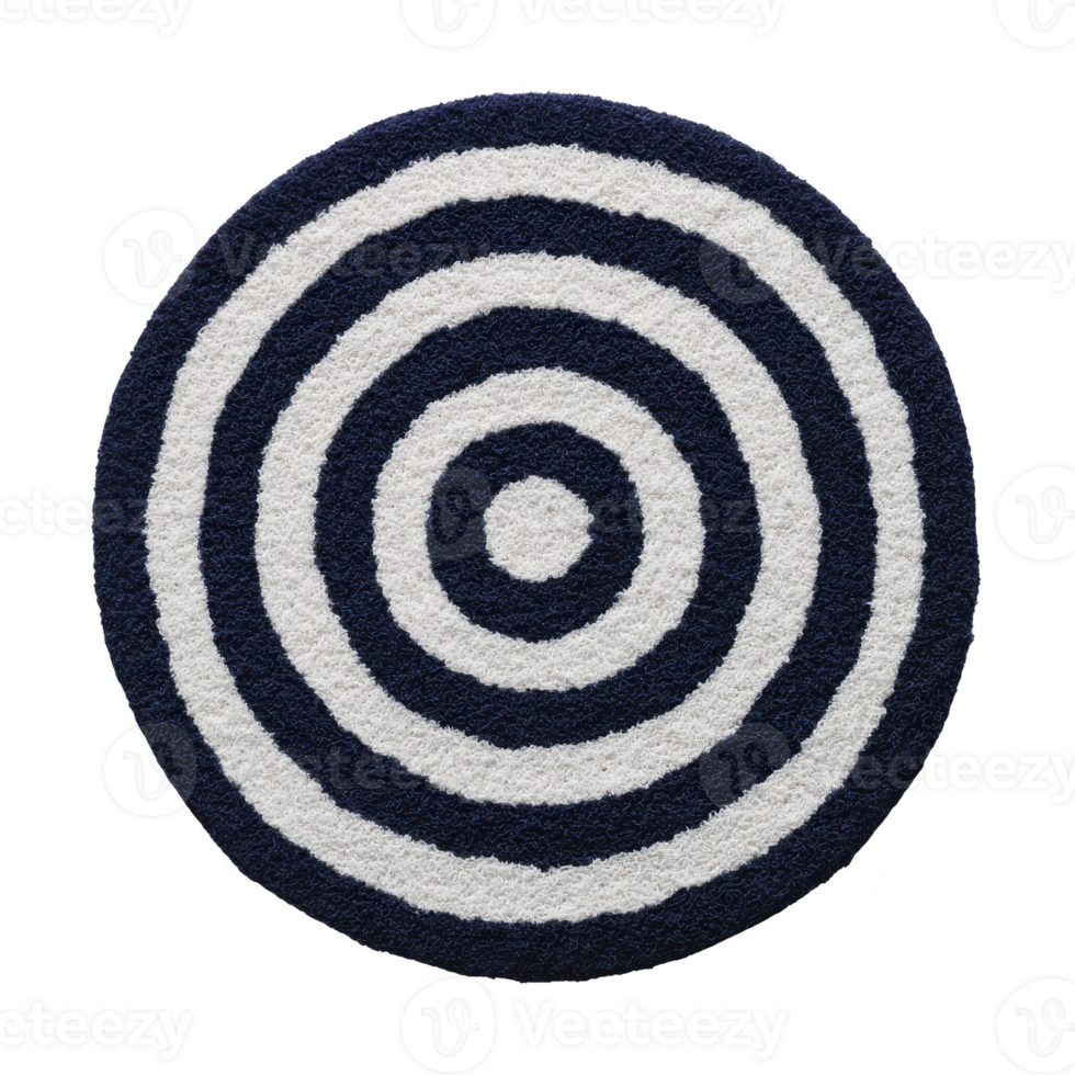 Round rug with concentric circles in black and white creates bold, modern design. pattern is simple yet striking, adding contemporary touch to any space png
