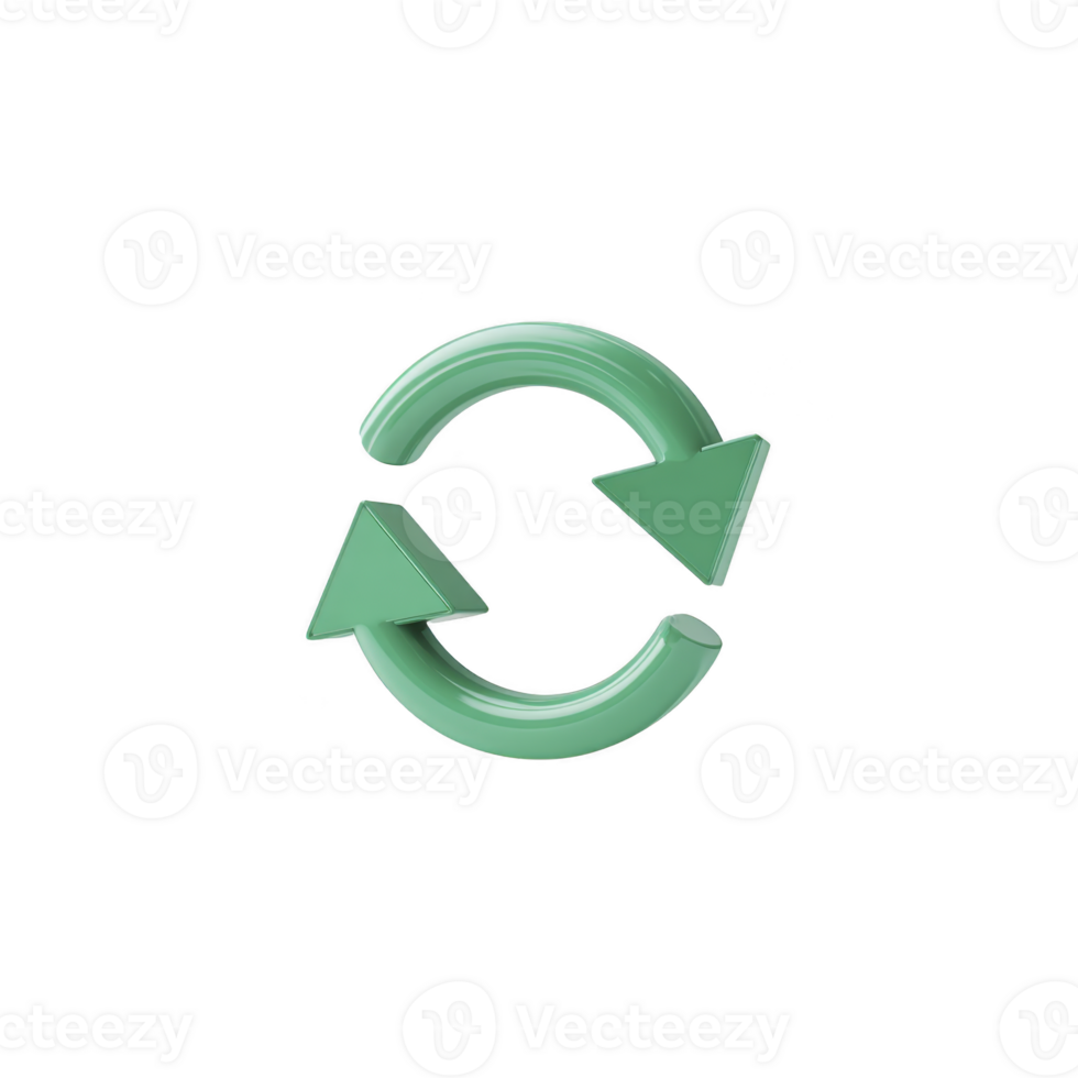 Green 3D refresh icon with two arrows forming circle, symbolizing recycling or updating. arrows are curved and point in clockwise direction, conveying sense of motion and renewal png