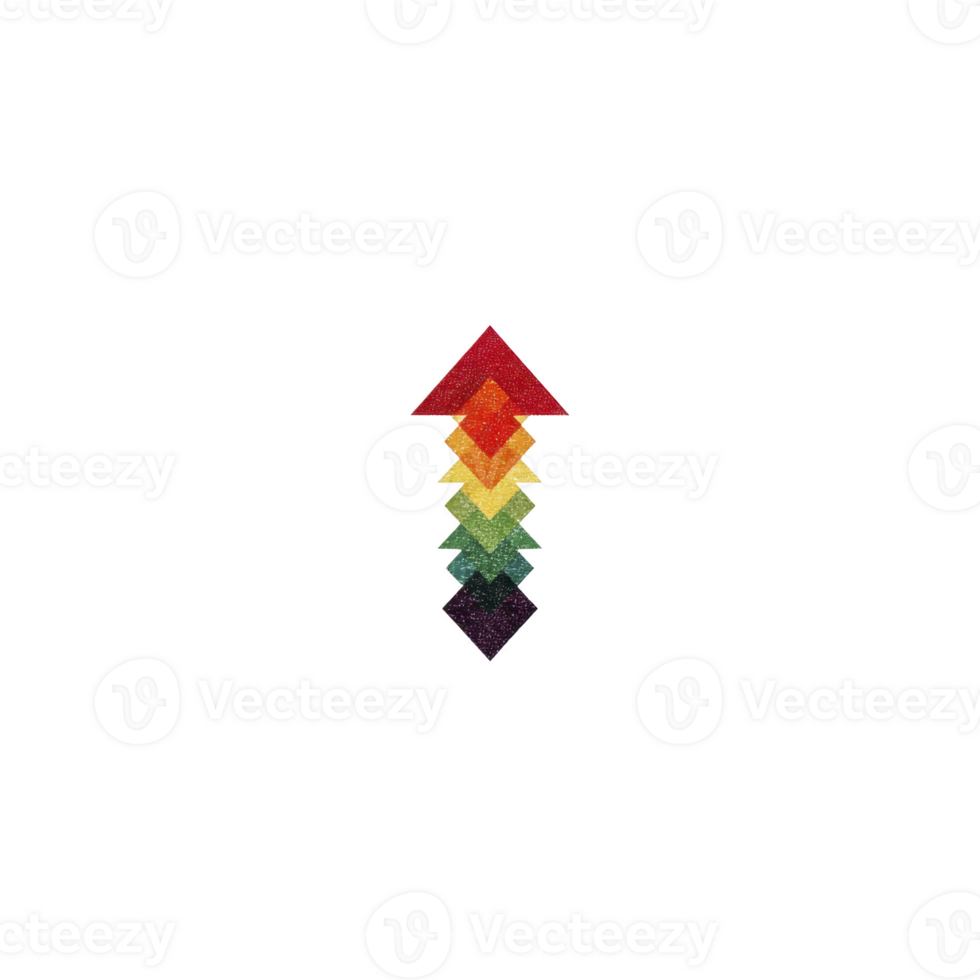 Colorful geometric arrow composed of stacked diamond shapes in gradient from red to black on transparency background. design is vibrant and modern, creating striking visual effect png