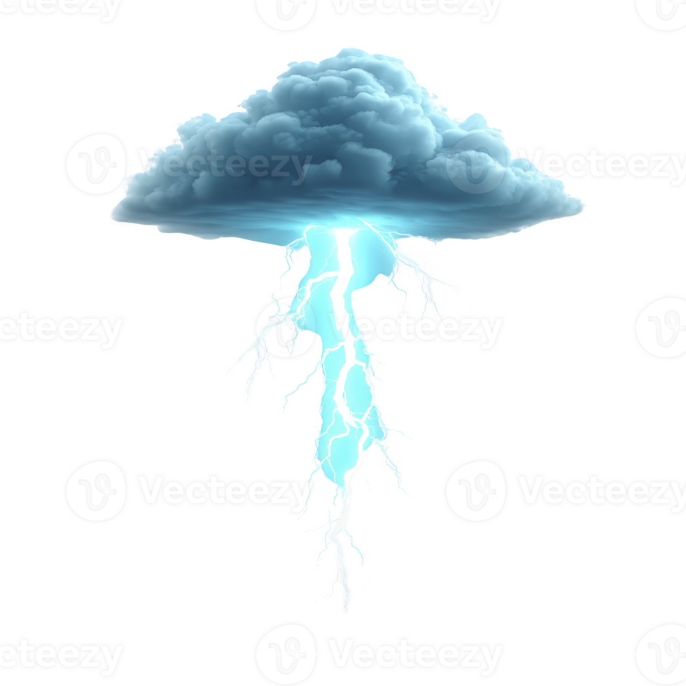 Digital illustration of dark cloud with bright blue lightning striking downward, creating dramatic and electrifying effect. cloud appears fluffy and contrasts with sharp, jagged lightning bolts png