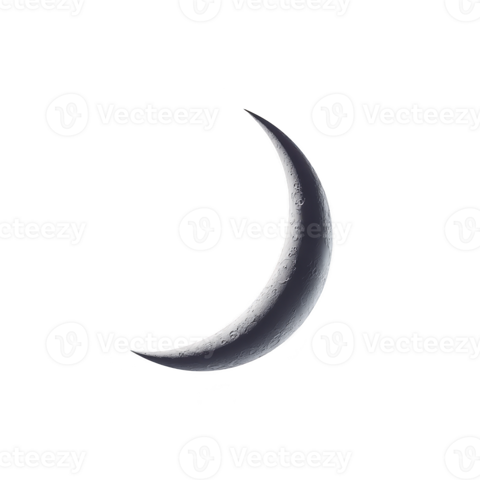Crescent moon with textured surface is set against transparency background, creating serene and mystical atmosphere. moon gentle curve and detailed craters are highlighted png
