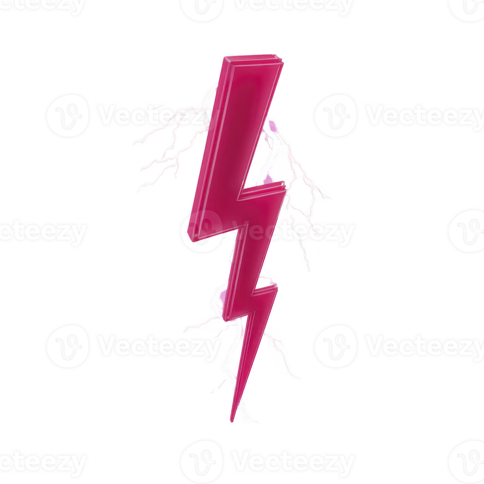 Vibrant pink lightning bolt with glossy finish is set against transparency background, surrounded by electric white lightning streaks, creating dynamic and energetic visual png