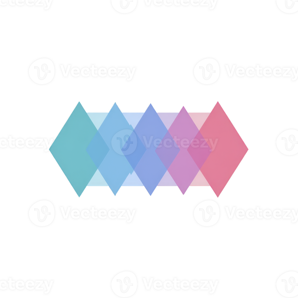 Series of overlapping, translucent diamond shapes in gradient colors ranging from teal to pink create harmonious and modern design. geometric pattern is visually appealing and balanced png