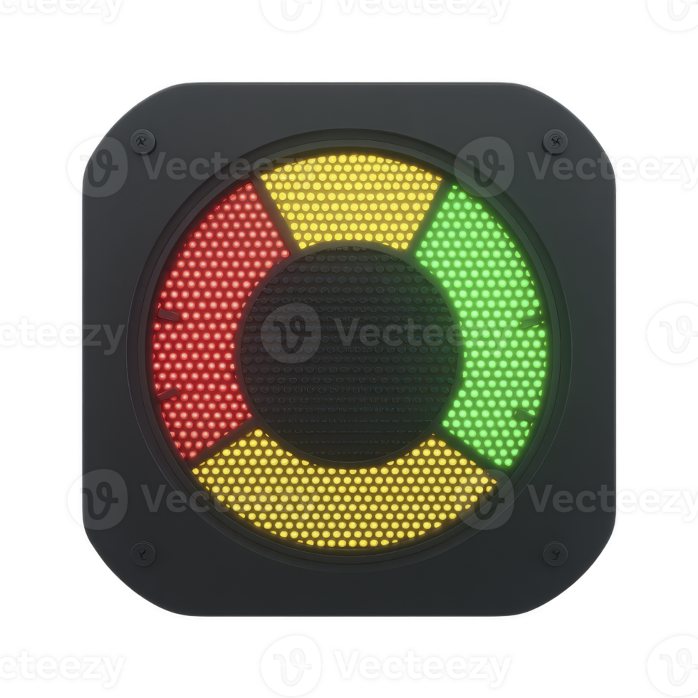 Circular LED traffic signal with red, yellow, and green lights is displayed, indicating stop, caution, and go. modern design is set against transparency background, emphasizing its vibrant colors png