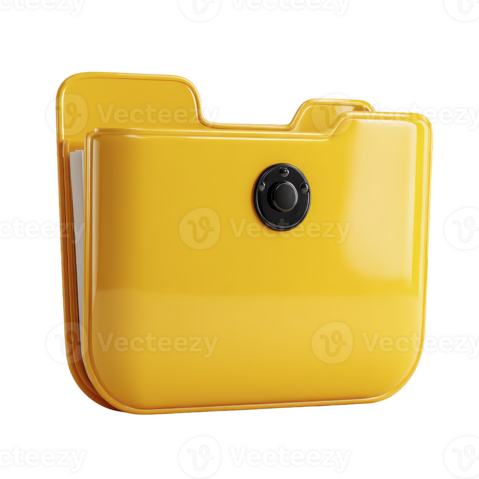 Shiny yellow folder icon with camera lens symbol, representing digital security and file protection. glossy design adds modern touch, ideal for technology related themes png
