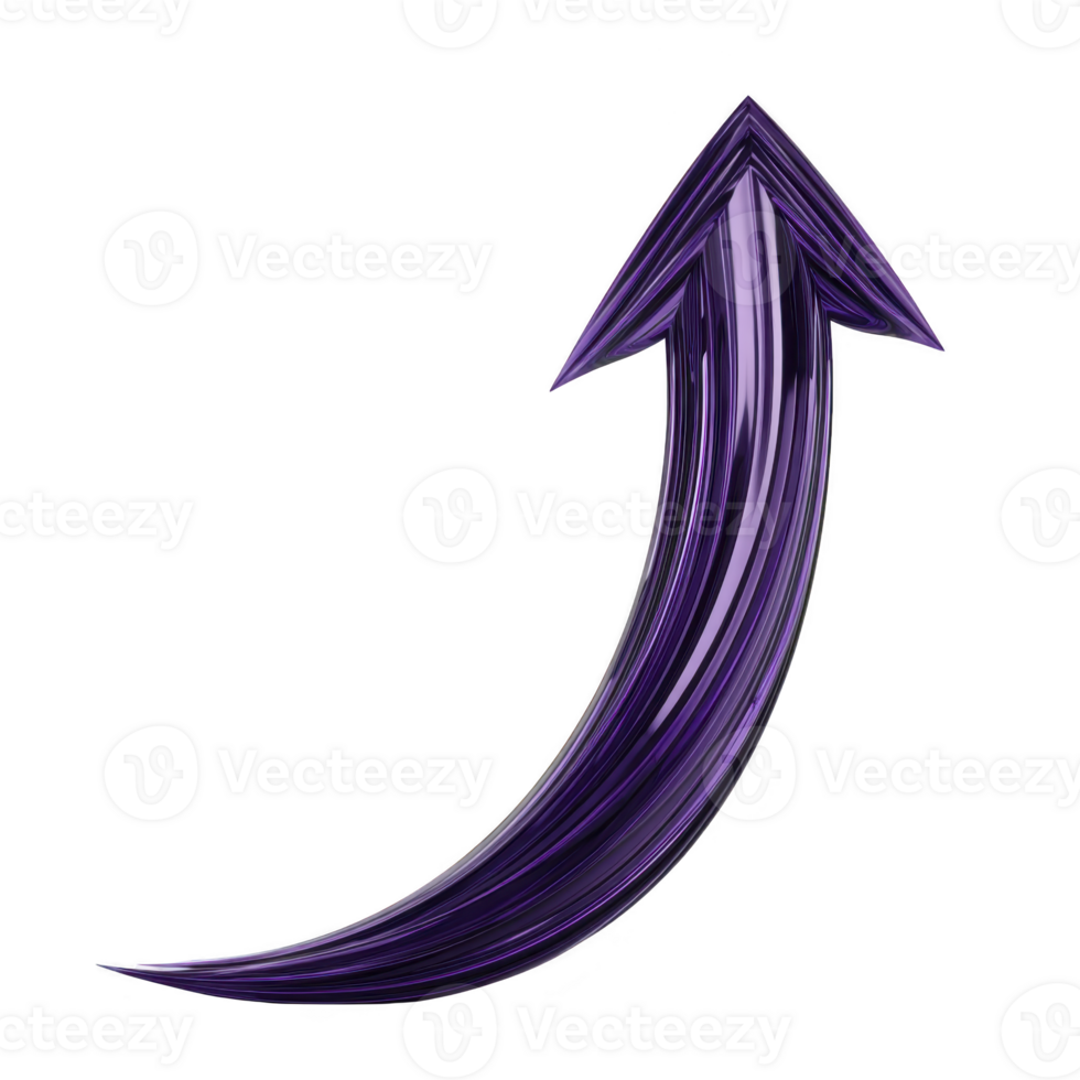 Dynamic, purple, curved arrow pointing upwards with glossy finish, symbolizing growth and progress. arrow sleek design adds modern touch, making it ideal for presentations png