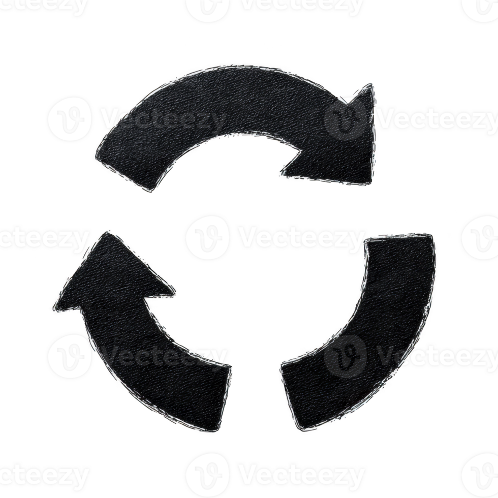 Black circular arrow symbol with rough texture, representing cycle or recycling concept. design is simple and bold, conveying movement and sustainability png
