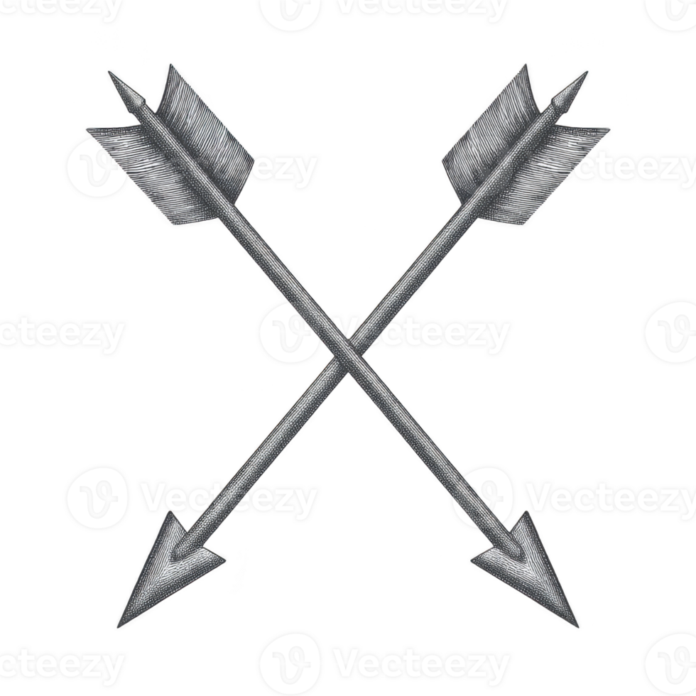 Two crossed arrows with detailed feathering and pointed tips create symmetrical design, symbolizing direction and unity. metallic texture adds modern touch to this classic emblem png
